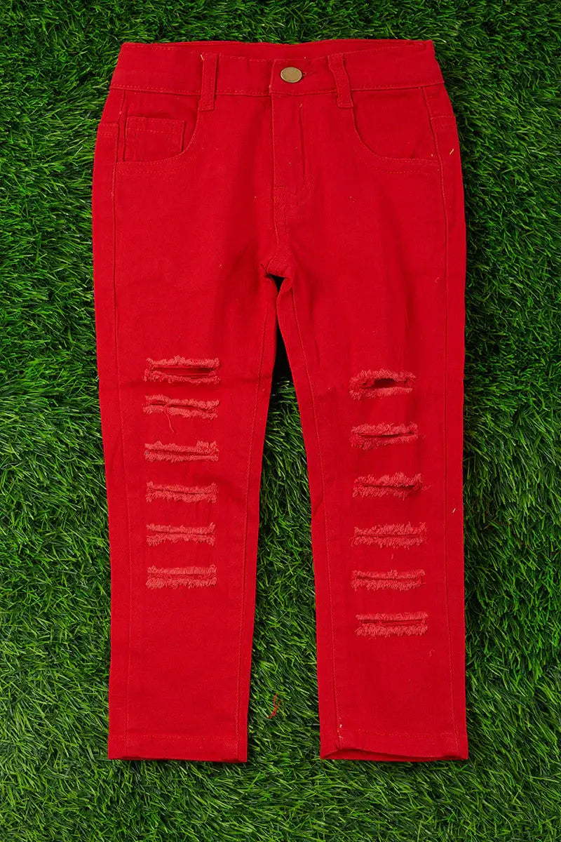 RED RIPPED SKINNY JEANS.Youth