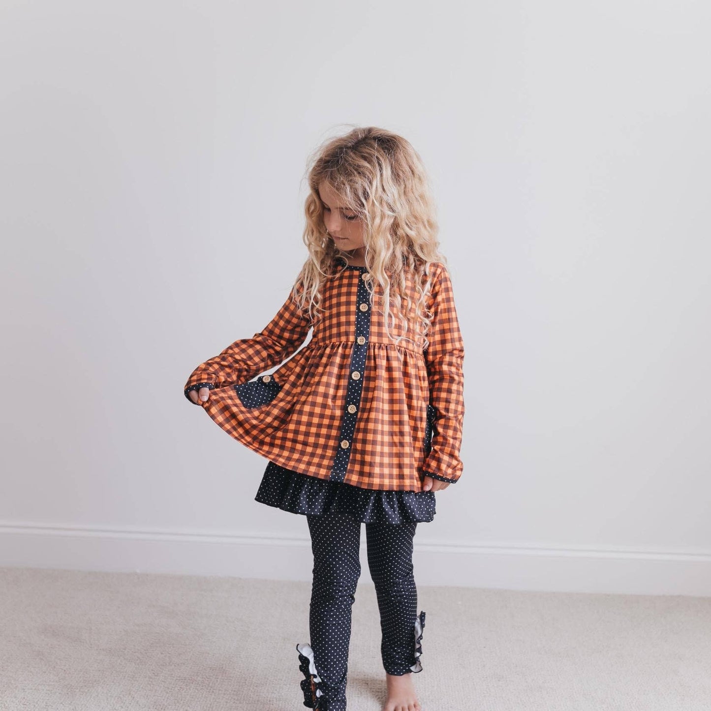 Kids Navy & Rust Gingham Check Button Pocket Pant Fall Set