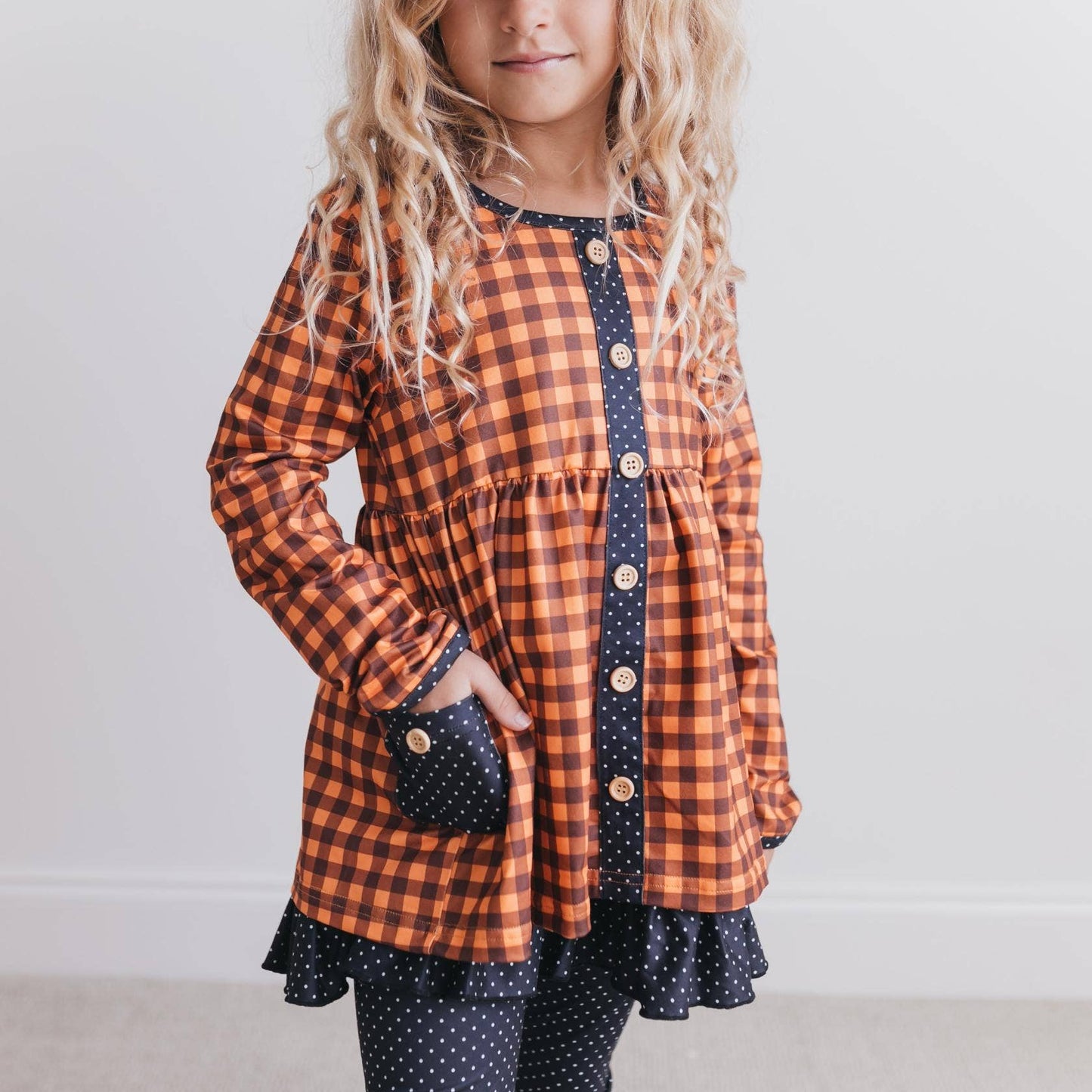 Kids Navy & Rust Gingham Check Button Pocket Pant Fall Set