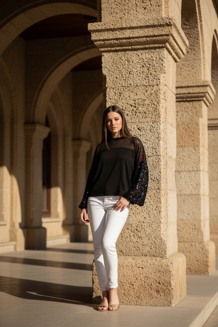 Black Waffle Knit Top w/ Sequin