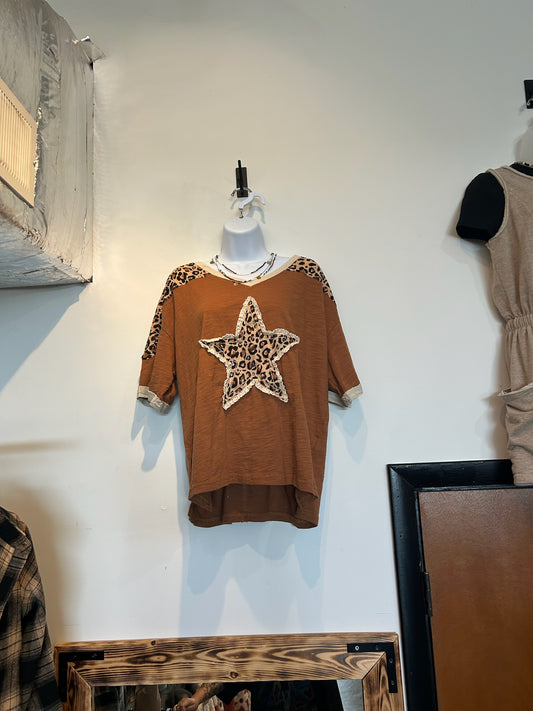 Leopard Star Patchwork 3/4 sleeve VneckTee