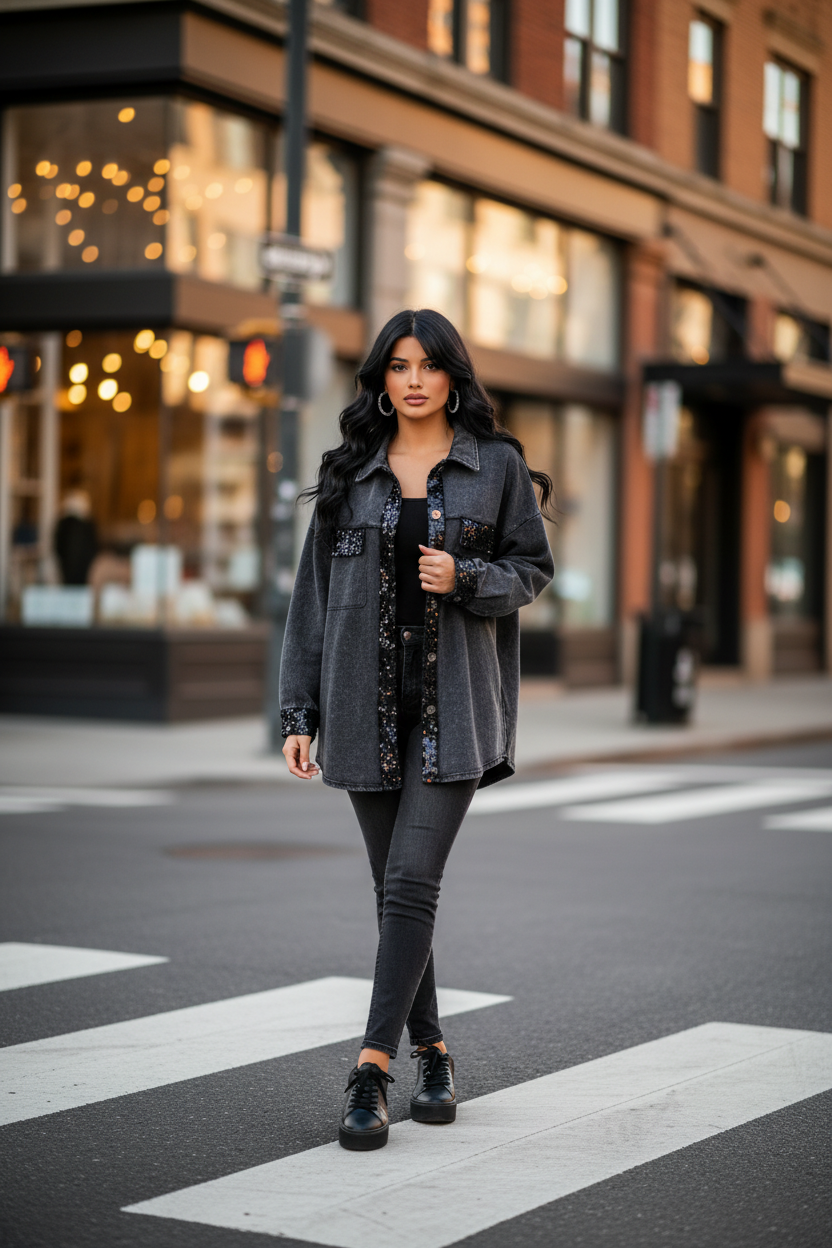 Black Sequin Button Down